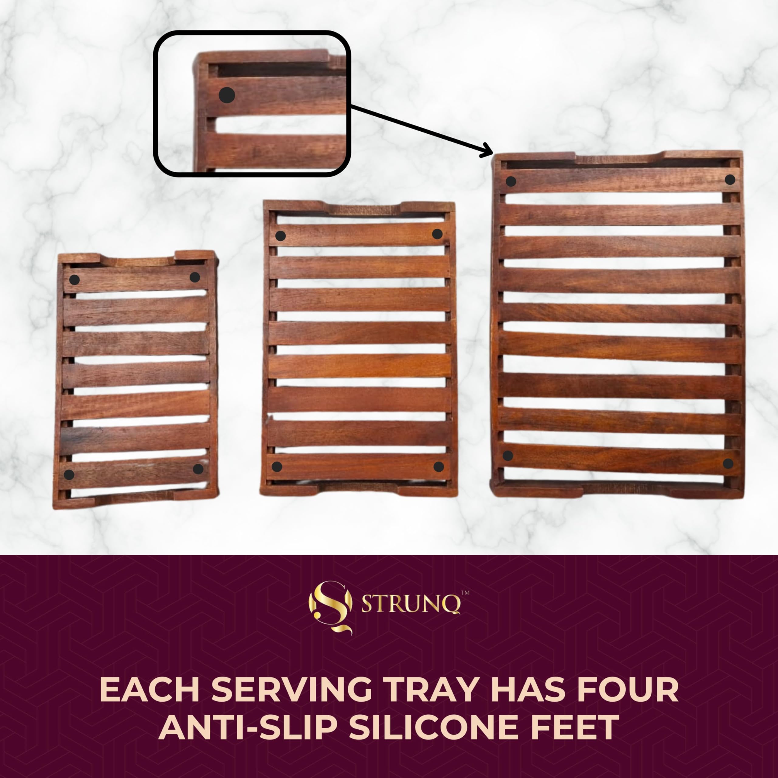 Strunq Wooden Tray Set For Serving, Serving Tray Set Of 3  Wooden Trays With Handles In Large, Medium & Small, Perfect For Coffe